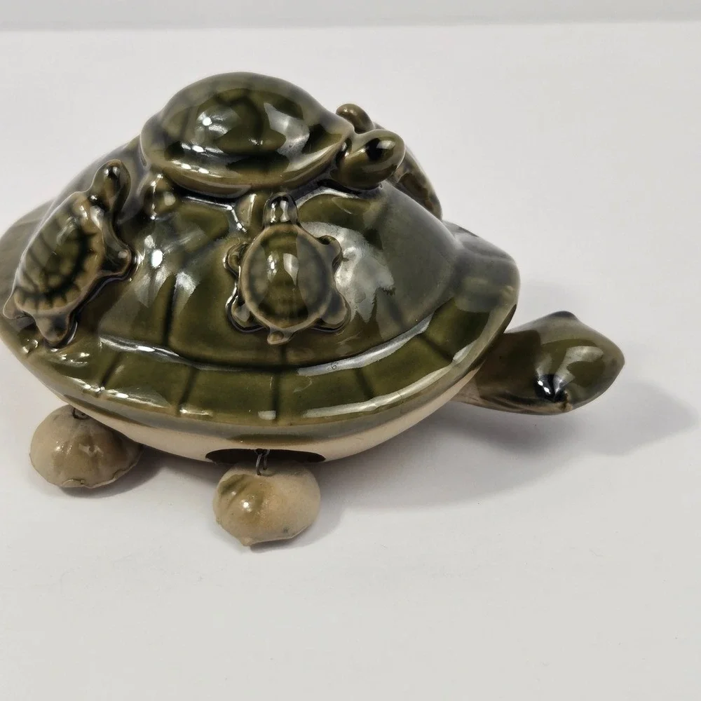 Vintage Ceramic Turtle Nodder Figurine Green Glazed Mother & Babies Decor 6.5